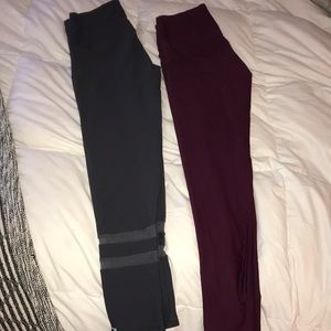 two pairs of workout leggings- gray & cranberry